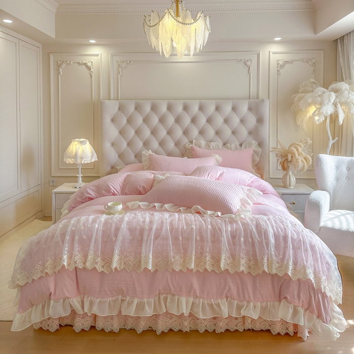 91家纺网 家纺一手货源 找家纺 瑞宝 2026新款泡芙棉花边床裙三件套-栀子海 栀子海-粉樱