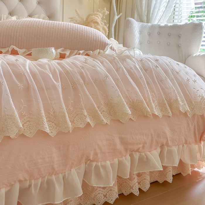 91家纺网 家纺一手货源 找家纺 瑞宝 2026新款泡芙棉花边床裙三件套-栀子海 栀子海-玉色