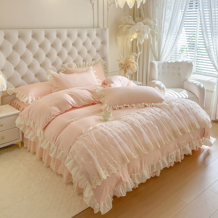 91家纺网 家纺一手货源 找家纺 瑞宝 2026新款泡芙棉花边床裙三件套-栀子海 栀子海-玉色