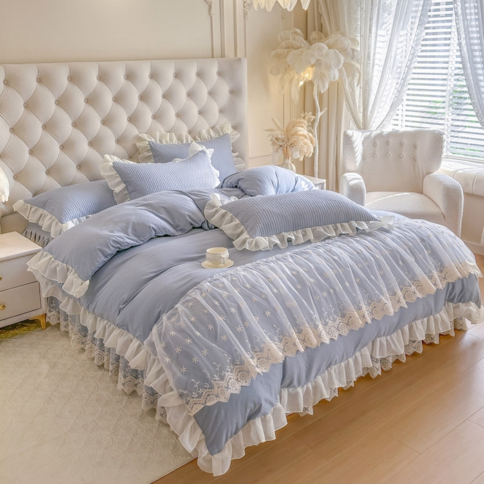 91家纺网 家纺一手货源 找家纺 瑞宝 2026新款泡芙棉花边床裙三件套-栀子海 栀子海-天蓝