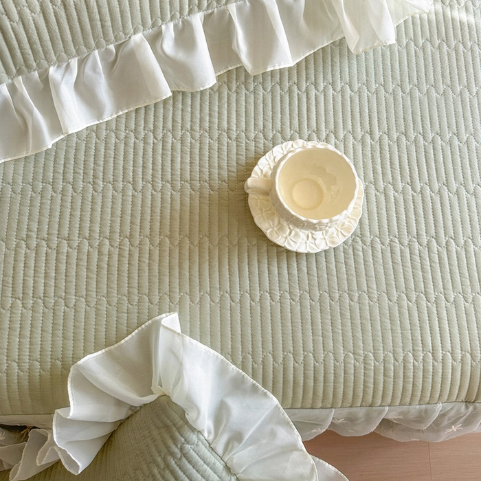 91家纺网 家纺一手货源 找家纺 瑞宝 2026新款泡芙棉花边床裙三件套-栀子海 栀子海-茶绿