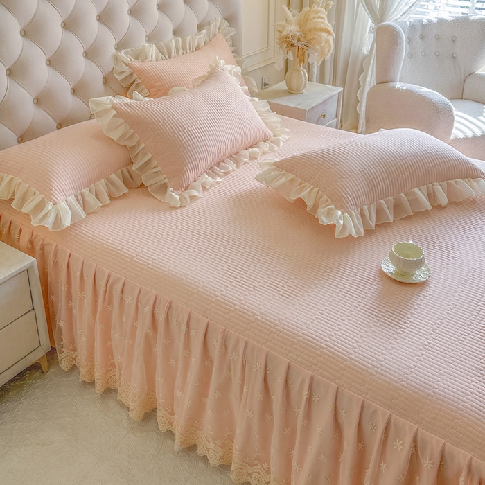 91家纺网 家纺一手货源 找家纺 瑞宝 2026新款泡芙棉花边床裙三件套-栀子海 栀子海-玉色