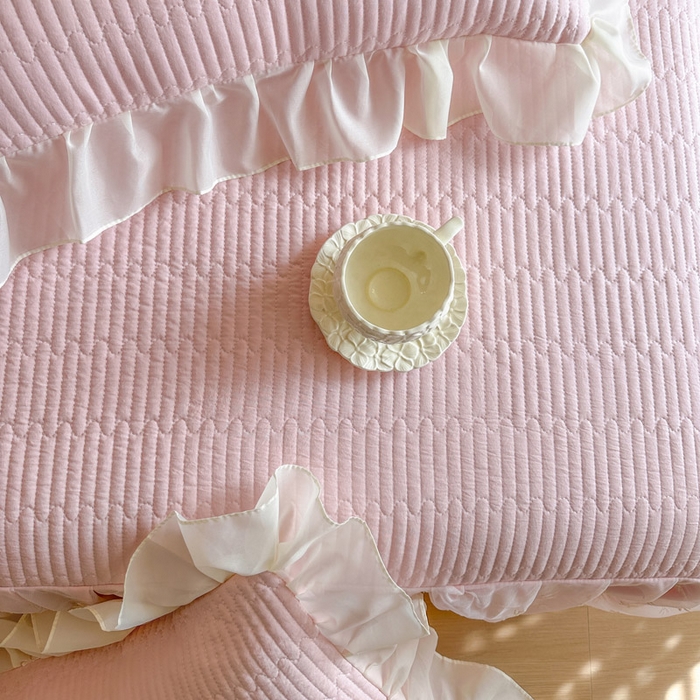 91家纺网 家纺一手货源 找家纺 瑞宝 2026新款泡芙棉花边床裙三件套-栀子海 栀子海-粉樱