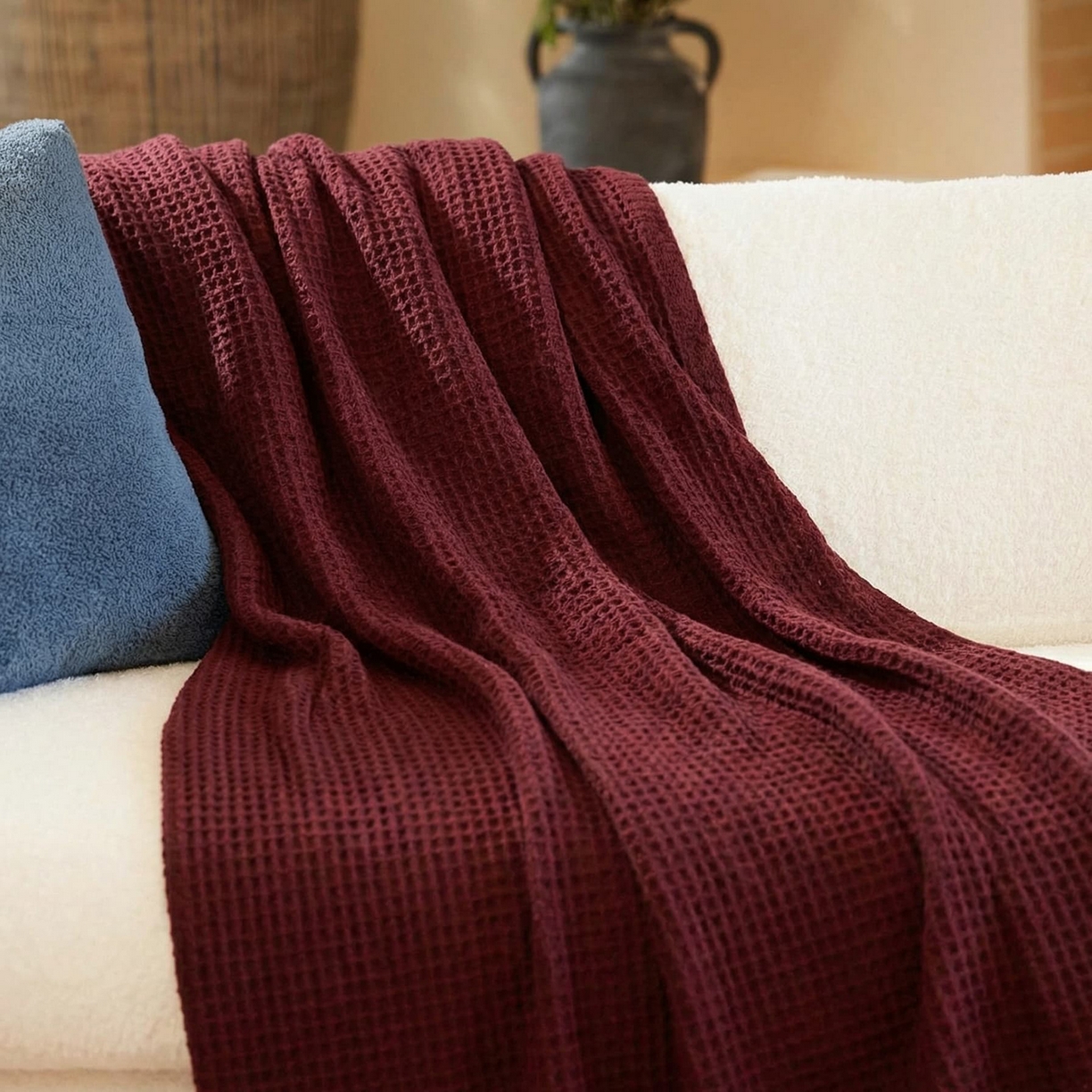 91家纺网 家纺一手货源 找家纺 暖绵绵家纺 2026新款北欧简约立体纹理多功能毯-雅思 雅思-酒红