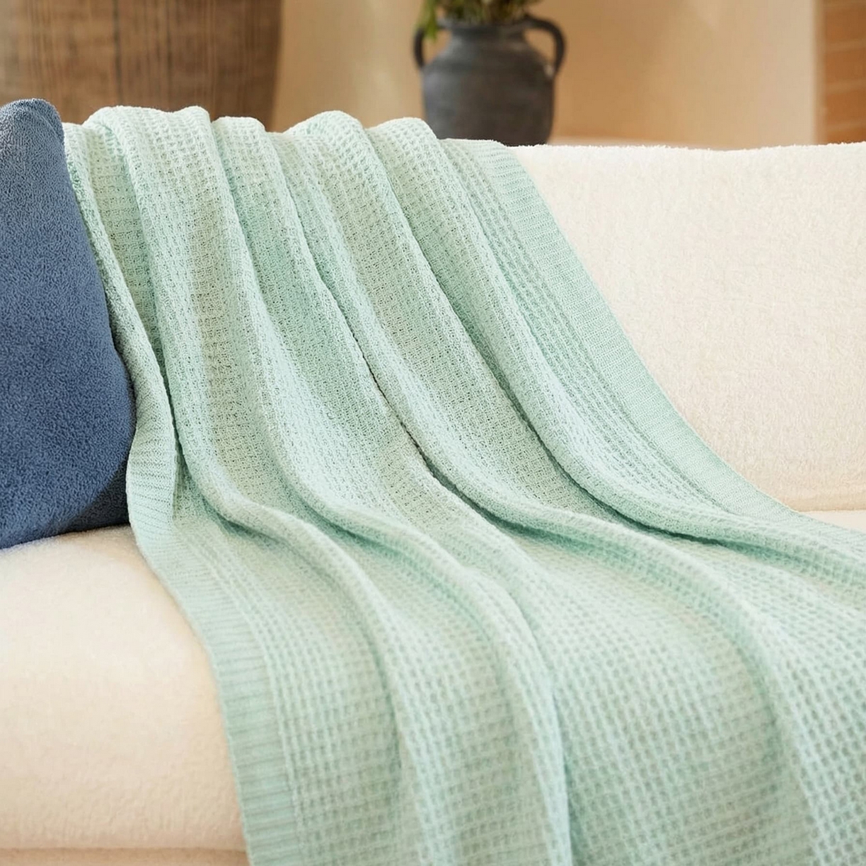 91家纺网 家纺一手货源 找家纺 暖绵绵家纺 2026新款北欧简约立体纹理多功能毯-雅思 雅思-薄荷绿