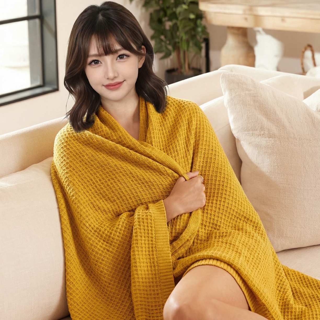 91家纺网 家纺一手货源 找家纺 暖绵绵家纺 2026新款北欧简约立体纹理多功能毯-雅思 雅思-姜黄