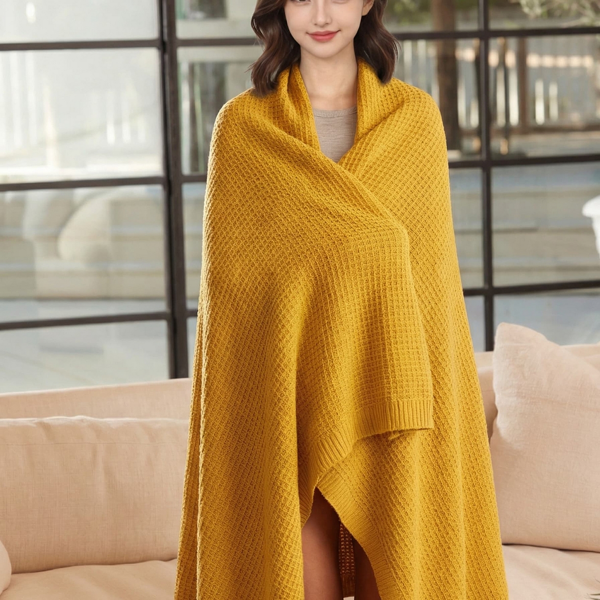 91家纺网 家纺一手货源 找家纺 暖绵绵家纺 2026新款北欧简约立体纹理多功能毯-雅思 雅思-姜黄