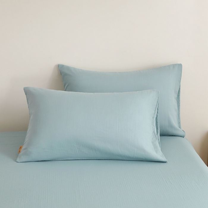 91家纺网 家纺一手货源 找家纺 晶缦家纺 2026新款纯棉纯色A类全棉双层纱单品床单床单单件单床单（水洗预处理）-觅琳系列 觅琳-桃青蓝