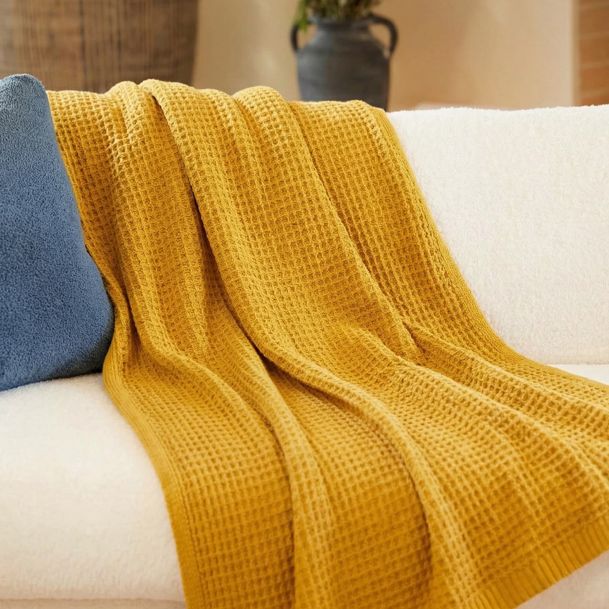 91家纺网 家纺一手货源 找家纺 暖绵绵家纺 2026新款北欧简约立体纹理多功能毯-雅思 雅思-姜黄