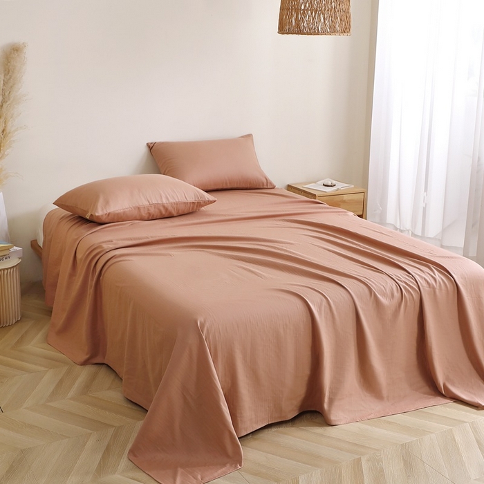 91家纺网 家纺一手货源 找家纺 晶缦家纺 2026新款纯棉纯色A类全棉双层纱单品床单床单单件单床单（水洗预处理）-觅琳系列 觅琳-赭石棕