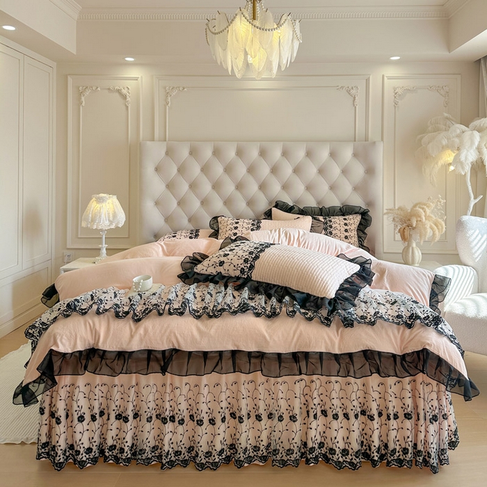 91家纺网 家纺一手货源 找家纺 （总）瑞宝 2026新款泡芙棉花边床裙四件套-南法玫瑰