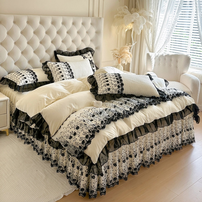 91家纺网 家纺一手货源 找家纺 瑞宝 2026新款泡芙棉花边床裙四件套-南法玫瑰 南法玫瑰-高级米