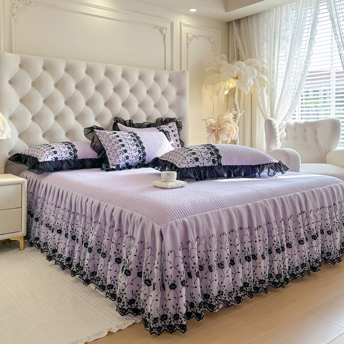 91家纺网 家纺一手货源 找家纺 瑞宝 2026新款泡芙棉花边床裙四件套-南法玫瑰 南法玫瑰-梦幻紫