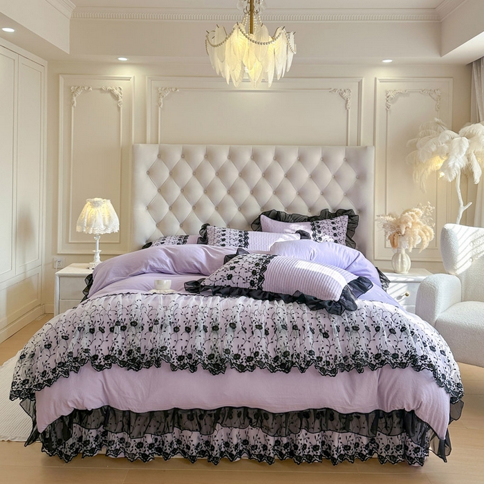 91家纺网 家纺一手货源 找家纺 瑞宝 2026新款泡芙棉花边床裙四件套-南法玫瑰 南法玫瑰-梦幻紫