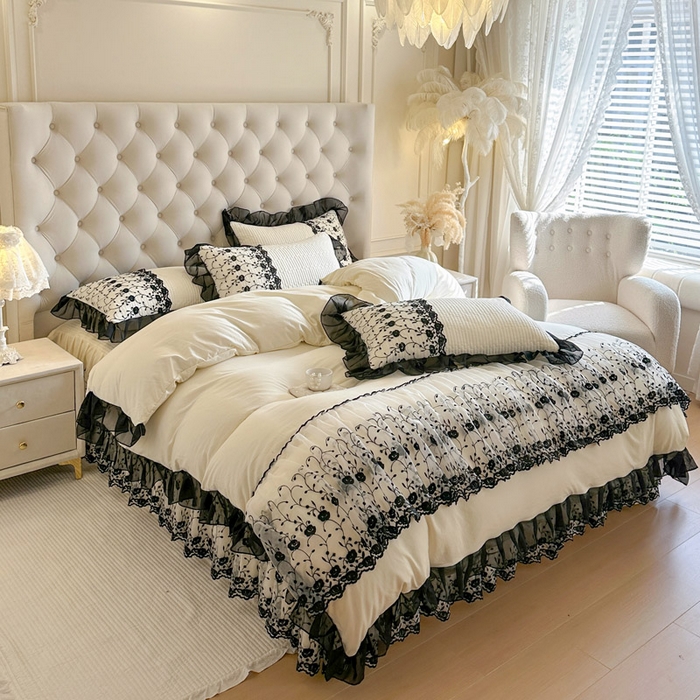 91家纺网 家纺一手货源 找家纺 瑞宝 2026新款泡芙棉花边床裙四件套-南法玫瑰 南法玫瑰-高级米