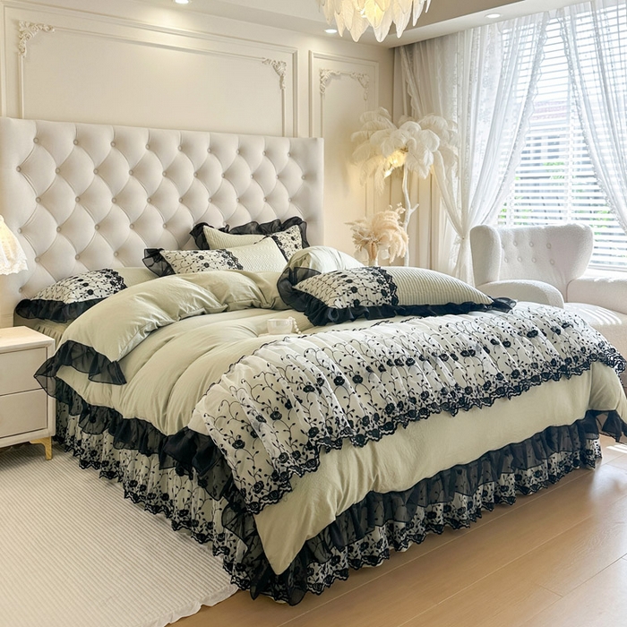 91家纺网 家纺一手货源 找家纺 瑞宝 2026新款泡芙棉花边床裙四件套-南法玫瑰 南法玫瑰-抹茶绿