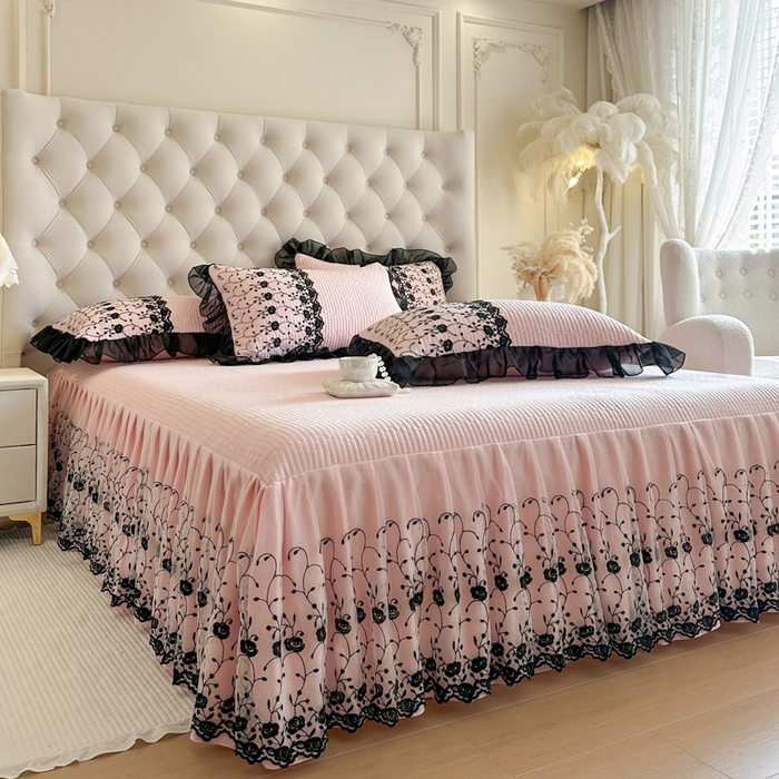 91家纺网 家纺一手货源 找家纺 瑞宝 2026新款泡芙棉花边床裙四件套-南法玫瑰 南法玫瑰-樱花粉