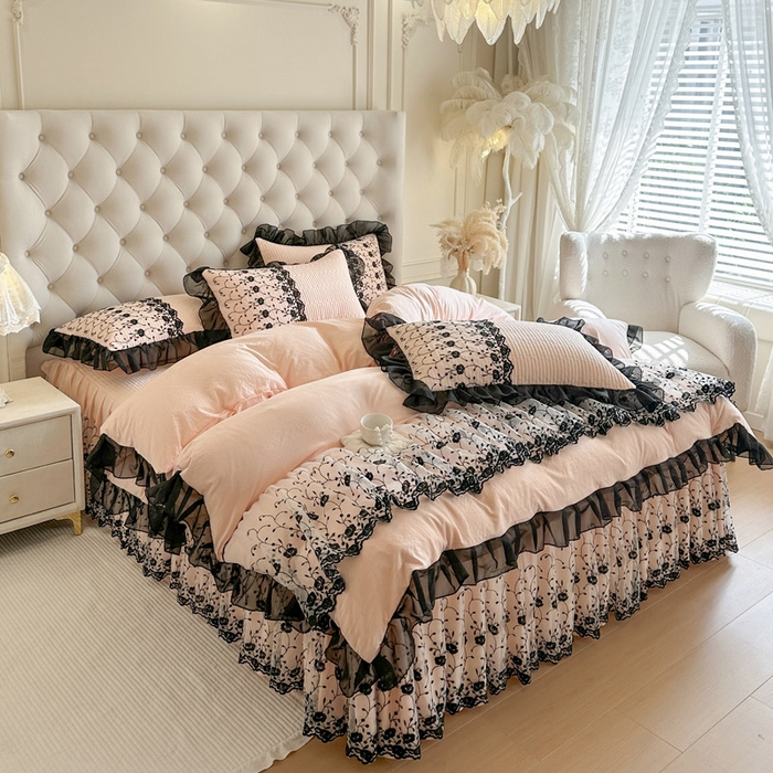 91家纺网 家纺一手货源 找家纺 瑞宝 2026新款泡芙棉花边床裙四件套-南法玫瑰 南法玫瑰-粉玉