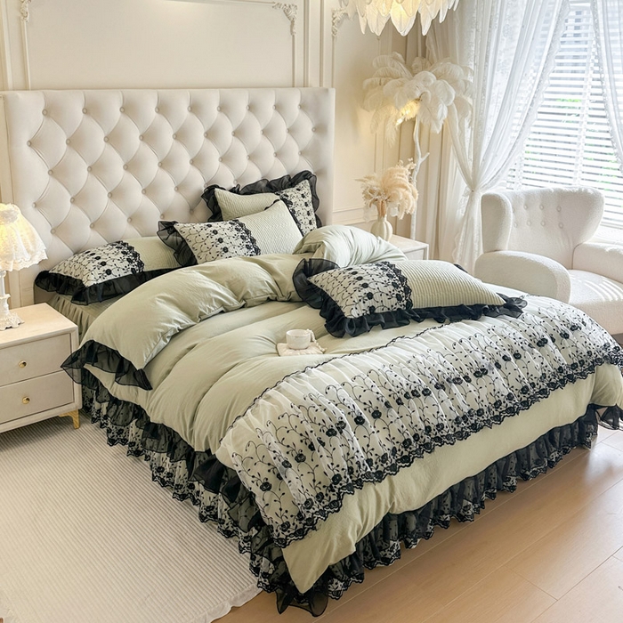 91家纺网 家纺一手货源 找家纺 瑞宝 2026新款泡芙棉花边床裙四件套-南法玫瑰 南法玫瑰-抹茶绿