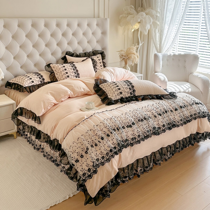 91家纺网 家纺一手货源 找家纺 瑞宝 2026新款泡芙棉花边床裙四件套-南法玫瑰 南法玫瑰-粉玉