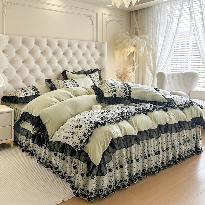 91家纺网 家纺一手货源 找家纺 瑞宝 2026新款泡芙棉花边床裙四件套-南法玫瑰 南法玫瑰-抹茶绿