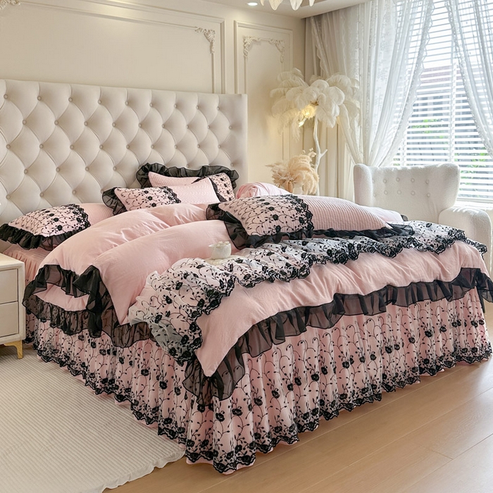 91家纺网 家纺一手货源 找家纺 瑞宝 2026新款泡芙棉花边床裙四件套-南法玫瑰 南法玫瑰-樱花粉
