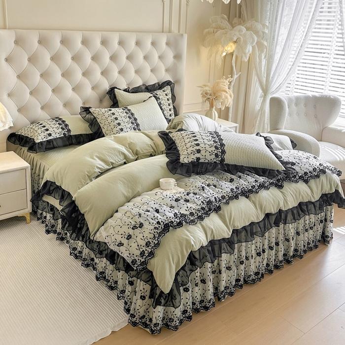 91家纺网 家纺一手货源 找家纺 瑞宝 2026新款泡芙棉花边床裙四件套-南法玫瑰 南法玫瑰-抹茶绿