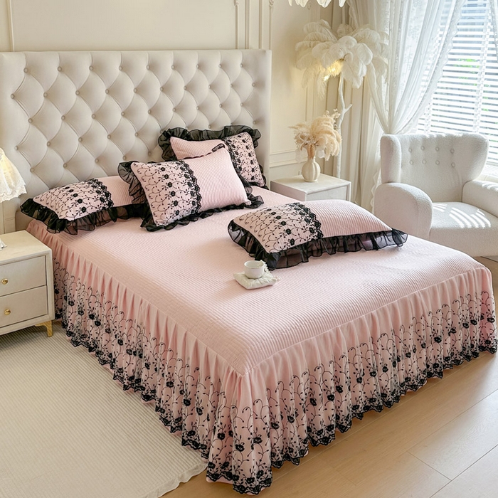 91家纺网 家纺一手货源 找家纺 瑞宝 2026新款泡芙棉花边床裙四件套-南法玫瑰 南法玫瑰-樱花粉