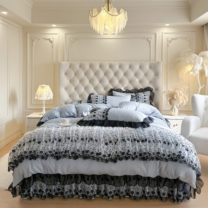 91家纺网 家纺一手货源 找家纺 瑞宝 2026新款泡芙棉花边床裙四件套-南法玫瑰 南法玫瑰-雾蓝