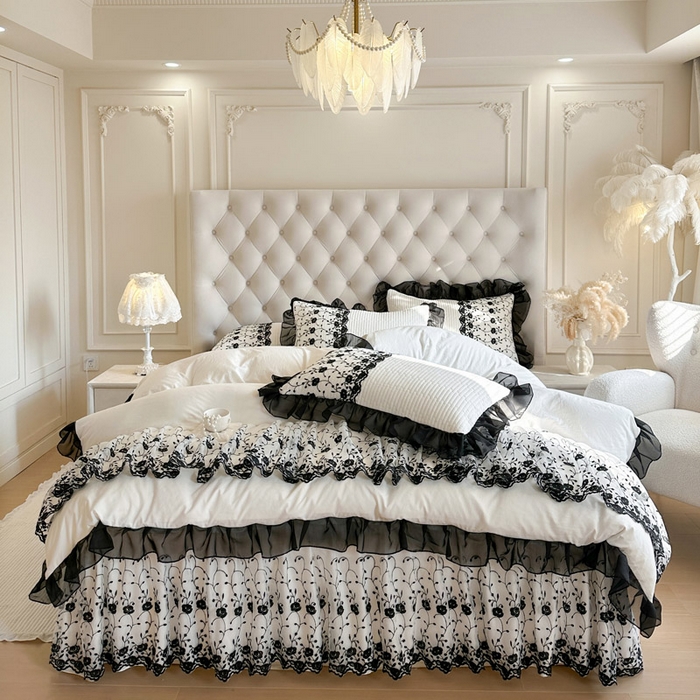 瑞宝 2026新款泡芙棉花边床裙四件套-南法玫瑰 南法玫瑰-奶油白