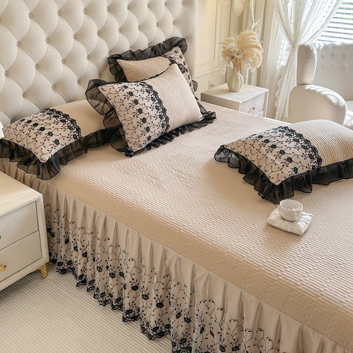 91家纺网 家纺一手货源 找家纺 瑞宝 2026新款泡芙棉花边床裙四件套-南法玫瑰 南法玫瑰-奶茶色