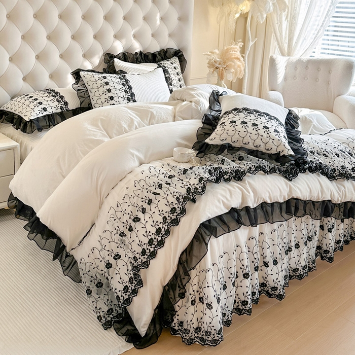 91家纺网 家纺一手货源 找家纺 瑞宝 2026新款泡芙棉花边床裙四件套-南法玫瑰 南法玫瑰-奶油白