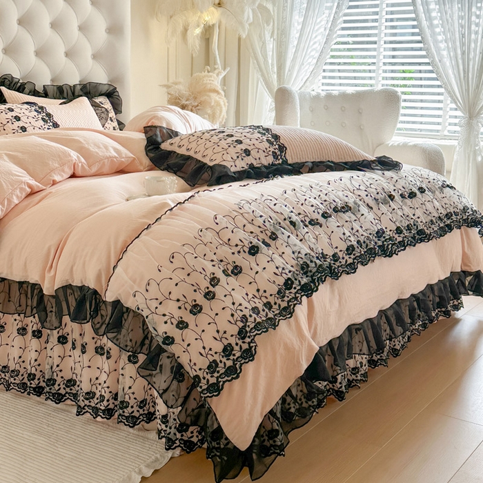 91家纺网 家纺一手货源 找家纺 瑞宝 2026新款泡芙棉花边床裙四件套-南法玫瑰 南法玫瑰-粉玉