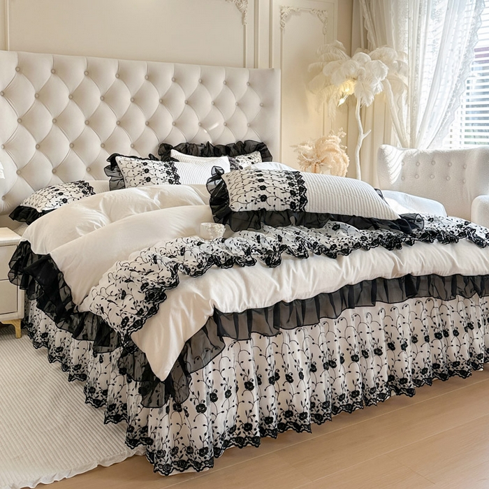 91家纺网 家纺一手货源 找家纺 瑞宝 2026新款泡芙棉花边床裙四件套-南法玫瑰 南法玫瑰-奶油白