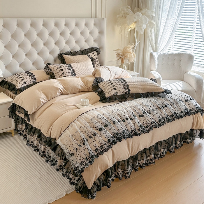 91家纺网 家纺一手货源 找家纺 瑞宝 2026新款泡芙棉花边床裙四件套-南法玫瑰 南法玫瑰-奶茶色