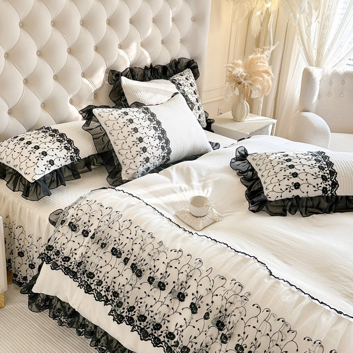 91家纺网 家纺一手货源 找家纺 瑞宝 2026新款泡芙棉花边床裙四件套-南法玫瑰 南法玫瑰-奶油白