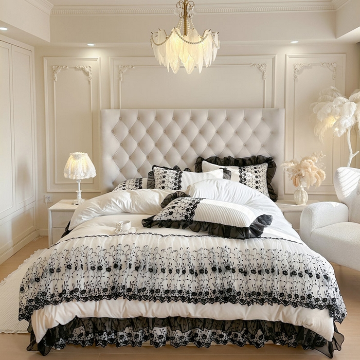 91家纺网 家纺一手货源 找家纺 瑞宝 2026新款泡芙棉花边床裙四件套-南法玫瑰 南法玫瑰-奶油白