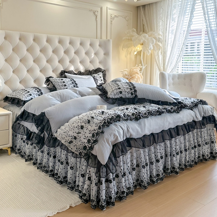 91家纺网 家纺一手货源 找家纺 瑞宝 2026新款泡芙棉花边床裙四件套-南法玫瑰 南法玫瑰-雾蓝