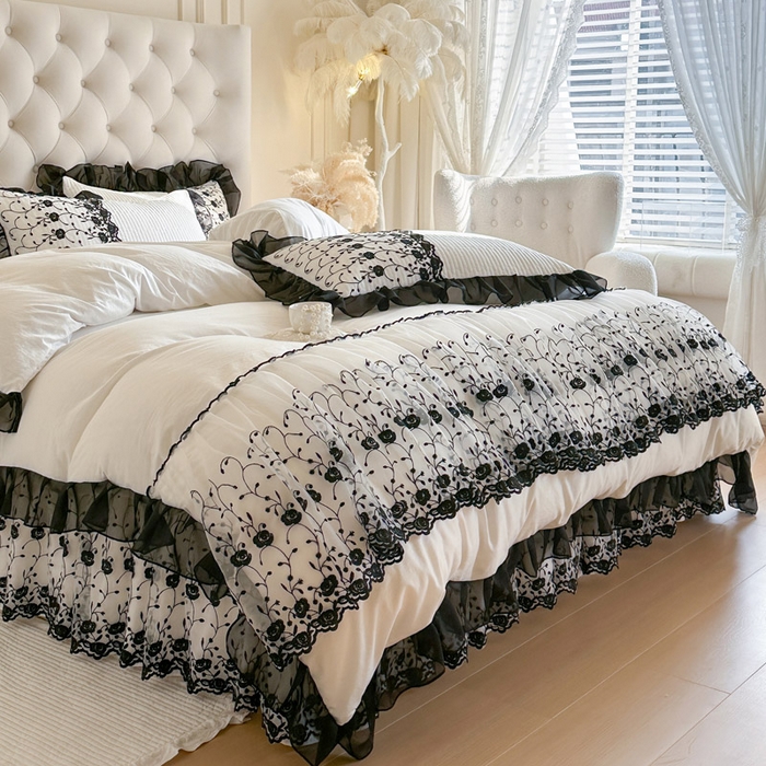 91家纺网 家纺一手货源 找家纺 瑞宝 2026新款泡芙棉花边床裙四件套-南法玫瑰 南法玫瑰-奶油白