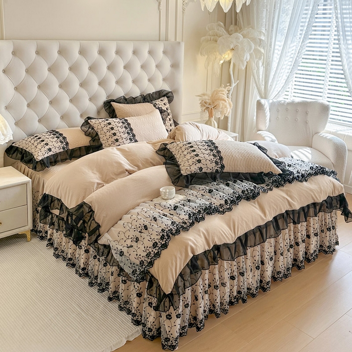 91家纺网 家纺一手货源 找家纺 瑞宝 2026新款泡芙棉花边床裙四件套-南法玫瑰 南法玫瑰-奶茶色