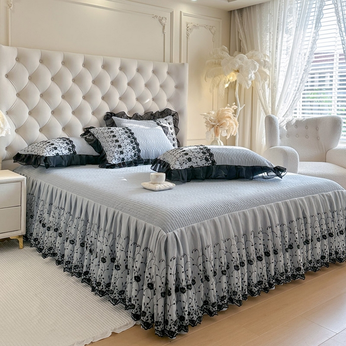 91家纺网 家纺一手货源 找家纺 瑞宝 2026新款泡芙棉花边床裙四件套-南法玫瑰 南法玫瑰-雾蓝