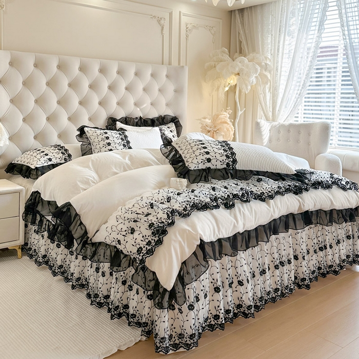 91家纺网 家纺一手货源 找家纺 瑞宝 2026新款泡芙棉花边床裙四件套-南法玫瑰 南法玫瑰-奶油白