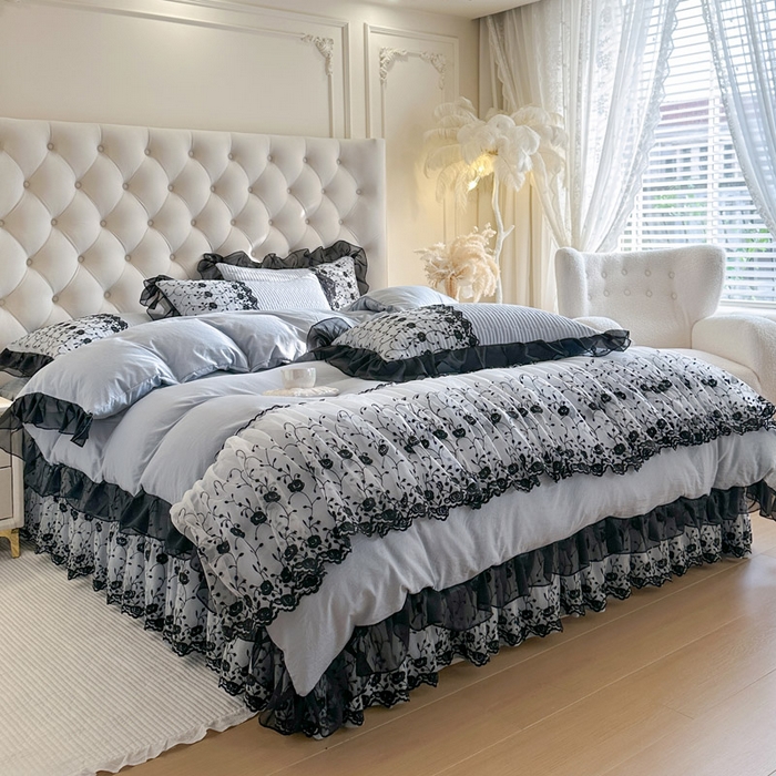 91家纺网 家纺一手货源 找家纺 瑞宝 2026新款泡芙棉花边床裙四件套-南法玫瑰 南法玫瑰-雾蓝