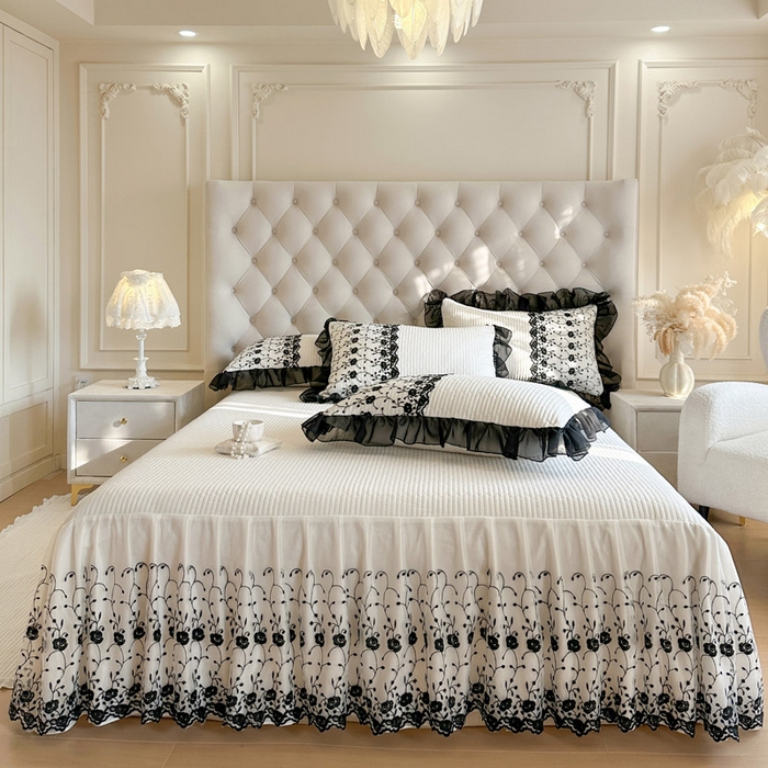 91家纺网 家纺一手货源 找家纺 （总）瑞宝 2026新款泡芙棉花边床裙三件套-南法玫瑰