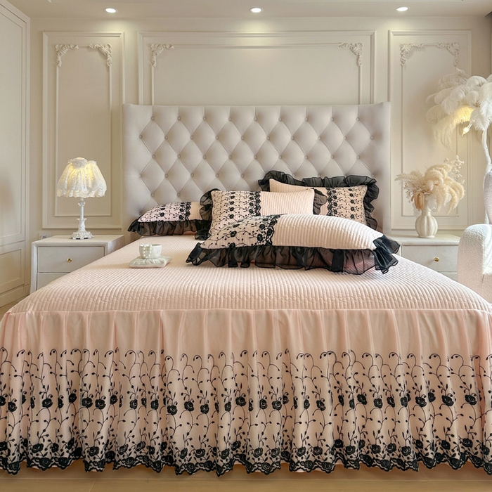 91家纺网 家纺一手货源 找家纺 瑞宝 2026新款泡芙棉花边床裙三件套-南法玫瑰 南法玫瑰-粉玉