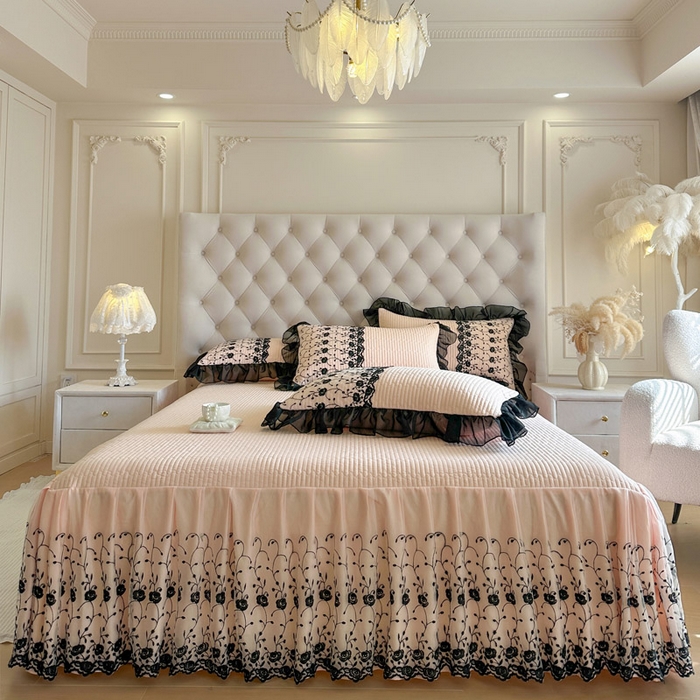 瑞宝 2026新款泡芙棉花边床裙三件套-南法玫瑰 南法玫瑰-粉玉