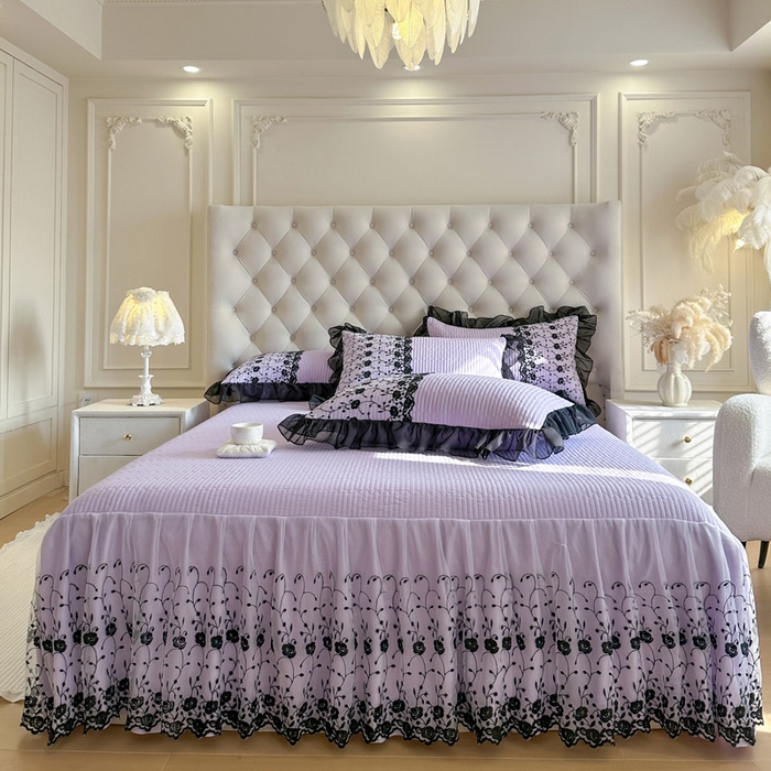 瑞宝 2026新款泡芙棉花边床裙三件套-南法玫瑰 南法玫瑰-梦幻紫