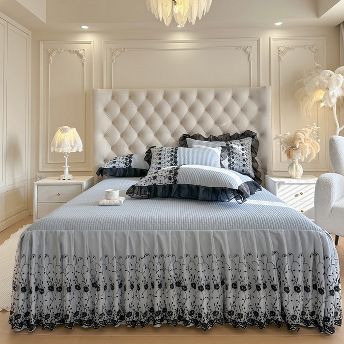 瑞宝 2026新款泡芙棉花边床裙三件套-南法玫瑰 南法玫瑰-雾蓝