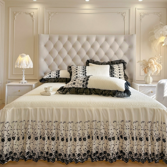 91家纺网 家纺一手货源 找家纺 瑞宝 2026新款泡芙棉花边床裙三件套-南法玫瑰 南法玫瑰-高级米