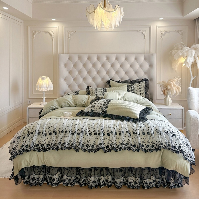 91家纺网 家纺一手货源 找家纺 瑞宝 2026新款泡芙棉花边床裙三件套-南法玫瑰 南法玫瑰-抹茶绿